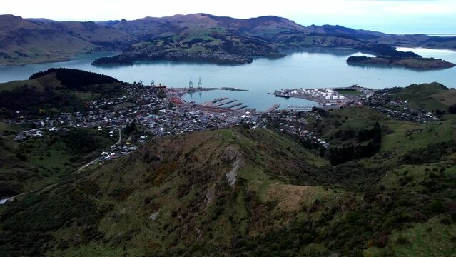 Aerial Diamond harbour, Lyttelton port and small town, New Zealand