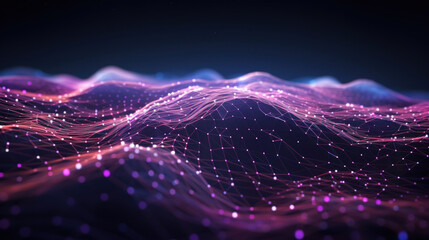 Futuristic big data visualization wave connecting neural network and moving on earth. Pink, purple...