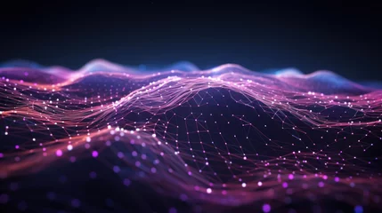 Fototapeten Futuristic big data visualization wave connecting neural network and moving on earth. Pink, purple colors. © tashechka