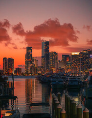 country skyline at sunset marina skyscrapers Brickell Miami