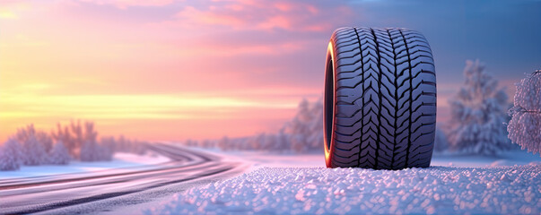 Winter tires on snowy road. wide banner. Tire on snow - obrazy, fototapety, plakaty