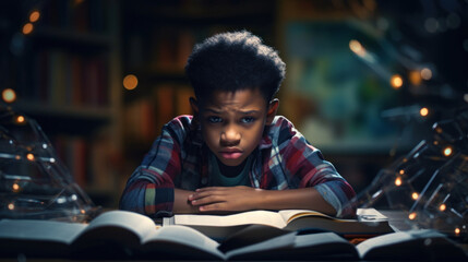 Portrait of a sad boy studying hard surrounded by books and notebooks.