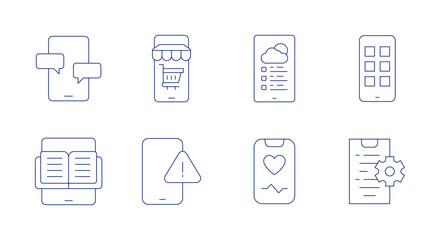 Application icons. Editable stroke. Containing apps, chat, coding, ebook, online shop, phone, smartphone, weather app.
