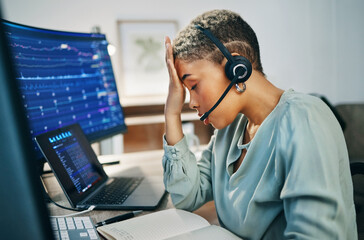 Headache, stress and woman in call center, fatigue or burnout at help desk office. Pain, migraine and tired African consultant frustrated at customer, fail telemarketing challenge or financial crisis - obrazy, fototapety, plakaty