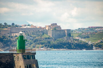 Landscape of coastline and aragon castle from Pozzuoli harbor an