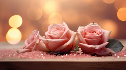 Pink rose and petals with and dreamy defocus background