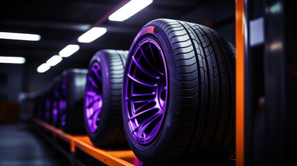 Fototapeta premium A new tire is placed on the tire storage rack in the car workshop. Purple, orange neon colors.