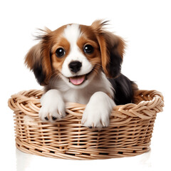 Cute dog in a basket on transparent background PNG. Cute and funny animal concept.
