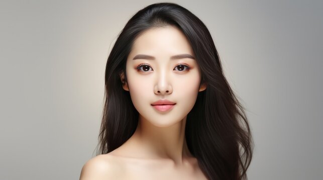 Beauty portrait of happy Asian female face with natural skin on gray background.