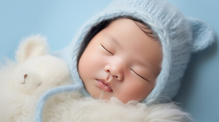 Sleeping asian baby on soft blue background