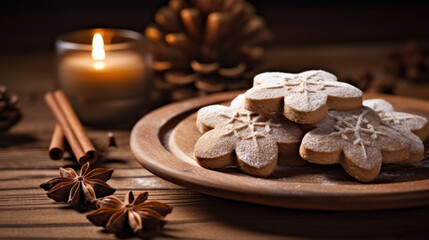 Obraz na płótnie Canvas Traditional Christmas cookies: cinnamon, stars and candles on a wooden table