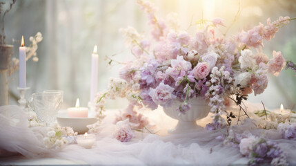Obraz na płótnie Canvas Wooden table top with blur background of wedding garden