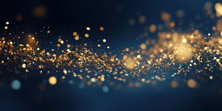 Christmas Golden light shine particles bokeh on navy background. Gold foil