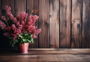Bouquet of red flowers in vase on a wooden background