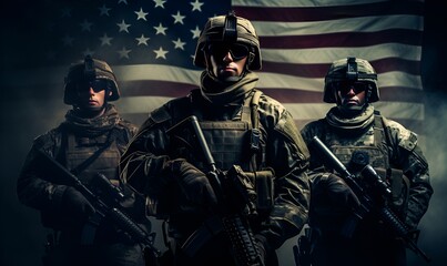armed special forces with american flag background, ai generative - obrazy, fototapety, plakaty
