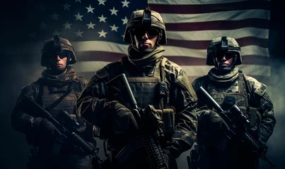 Poster armed special forces with american flag background, ai generative © Miftah