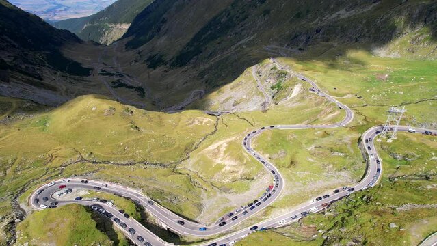 High angle aerial static view above Transfagarasan Serpentine Road romania