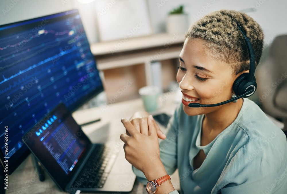 Aufkleber woman, call center and stock market consulting with business and trading or investment agent on comp