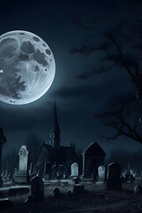 A spooky graveyard illuminated by a full moon, with a haunted house in the background.