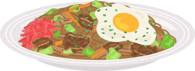 皿に盛り付けられた、ソース焼きそばのイラスト