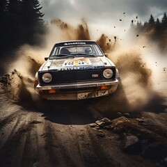 Obraz premium rally car in action on forest dirt road, ai generative