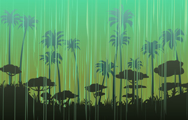 Summer rain in tropic jungle palm rainforest and dusk. Landscape with rain weather. Jets of water pour from the sky. Cartoon fun style. Flat design. Vector.