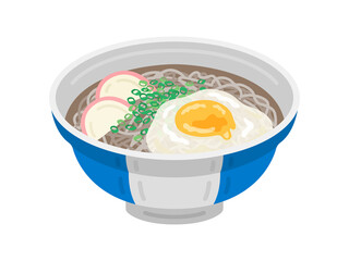 卵をのせた、温かい蕎麦のイラスト