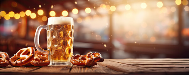 bavarian oktoberfest pretzels on wooden table with beer from Germany.