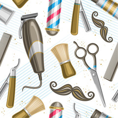 Vector Barbershop Seamless Pattern, repeating background with illustrations of barbershop equipment for wallpaper, decorative square poster with flying flat lay men beauty tools for barbershop decor