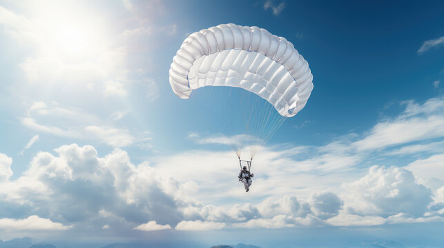 A skydiver in mid-air, with parachute yet to be deployed, against the backdrop of vast blue skies and fluffy clouds.