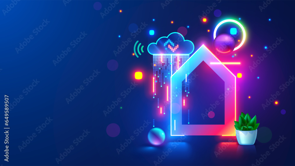 Poster Smart home technology conceptual banner. Smart home connection with IOT system through wireless internet cloud storage. IOT. Concept Internet of things. hanging neon Icon of Smart home and Data cloud.
