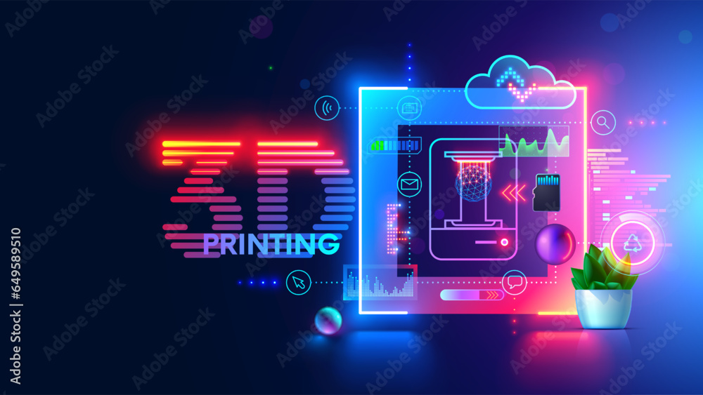 Aufkleber 3d printing and additive technology banner. Icon 3d printer in tech neon frame in modern technology style. additive technology conceptual banner. Home Desktop SLA technology 3d printer icon for DIY.