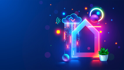 Smart home technology conceptual banner. Smart home connection with IOT system through wireless internet cloud storage. IOT. Concept Internet of things. hanging neon Icon of Smart home and Data cloud.