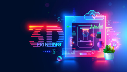 3d printing and additive technology banner. Icon 3d printer in tech neon frame in modern technology style. additive technology conceptual banner. Home Desktop SLA technology 3d printer icon for DIY.