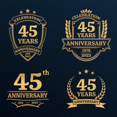 45 years anniversary icon or logo set. Vintage birthday banner design. 45th anniversary jubilee celebration golden badge or label collection. Vector illustration.