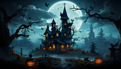 Full moon nighttime,dark landscape castles and graveyards filled, ghostly mystical fog,bats flying in sky,pumpkin heads and dead trees,candles lights,concept halloween night,generator AI illustration - obrazy, fototapety, plakaty