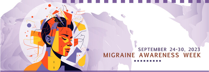 Migraine awareness week in September 2023 banner with purple colors and woman with headache. Vector concept design for disease support and healthcare  - Powered by Adobe