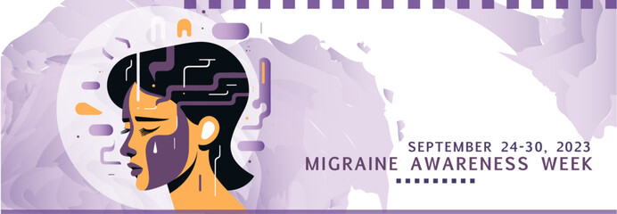 Migraine awareness week in September 2023 banner with purple colors and woman with headache. Vector concept design for disease support and healthcare 