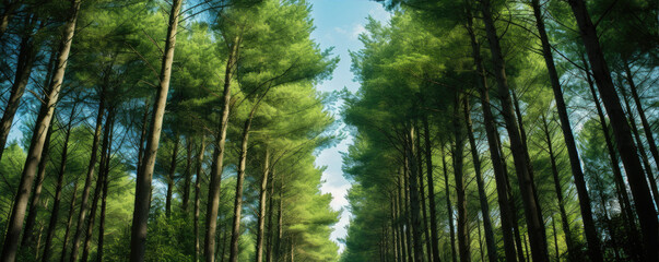 Fototapeta na wymiar Looking up at the trees in green forest.