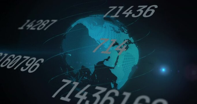 Animation of changing numbers, lens flare and circular pattern around globe over black background