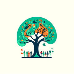 Flat logo of a tree and a group of people, generative AI.