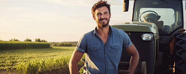 Young handsome farmer in front of tractor in farm field. wide banner