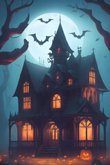 Fototapeta na wymiar Capture the enchanting allure of fantastical spooky houses in our Halloween-themed stock illustrations. Perfect for haunted house art and fantasy Halloween websites. Dive into a world of eerie magic t
