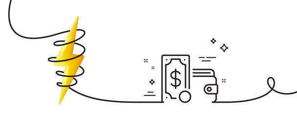 Wallet money line icon. Continuous one line with curl. Cash coin sign. Dollar banknote symbol. Wallet money single outline ribbon. Loop curve with energy. Vector