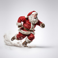 Santa Claus dashes energetically with his sack against a pristine white background, Generative AI.