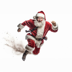 Santa Claus dashes energetically with his sack against a pristine white background, Generative AI. - obrazy, fototapety, plakaty