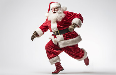 Santa Claus dashes energetically with his sack against a pristine white background, Generative AI.