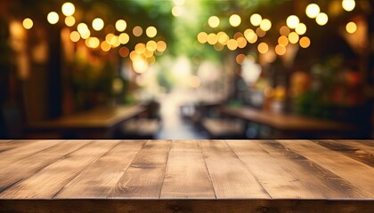 Rustic elegance. Empty wooden table on blurred interior serenity. Cozy cafe ambience. Glimpse into modern wood decor. Business buzz - obrazy, fototapety, plakaty