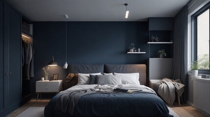 Modern bedroom interior with double bed in dark colors.