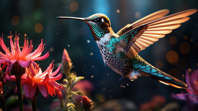 A hummingbird, its wings a blur, hovers above a vibrant flower, sipping nectar with precision.